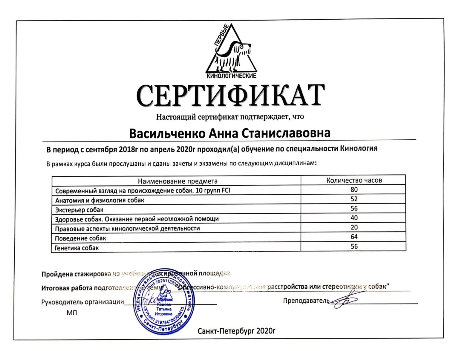 Сертификат о прохождении базового курса по кинологии